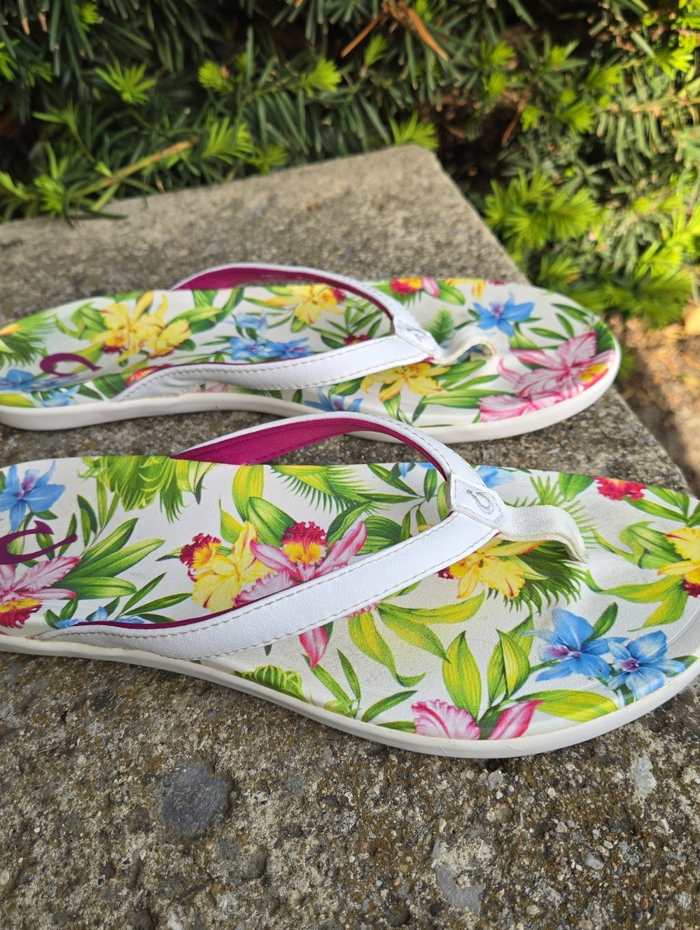 Olukai Hoopio Hau Flip Flop Sandal Tropical Floral Women's Sz 8